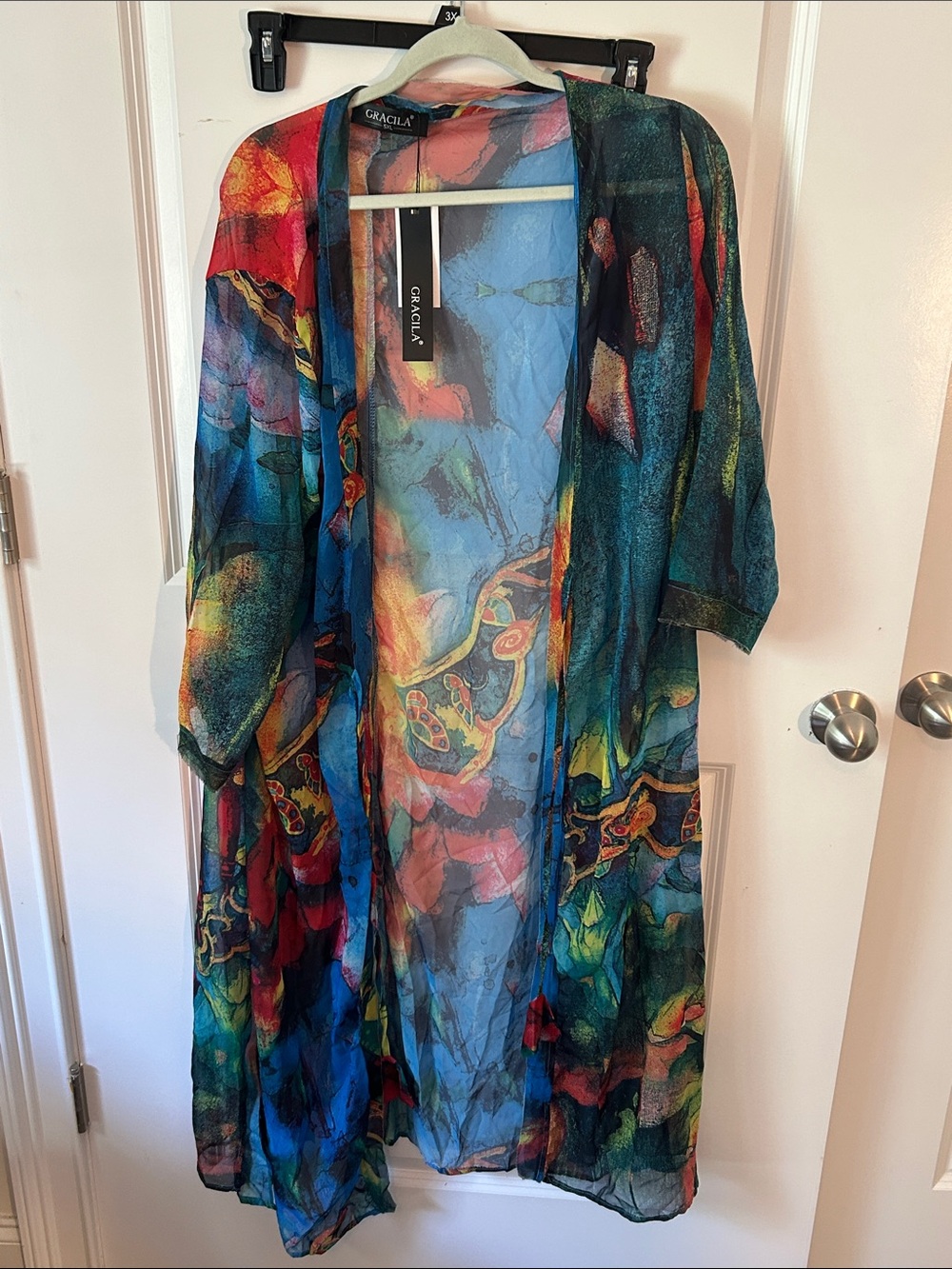 Gracila Multicolor Sheer Duster Kimono - Blue, Green, Red